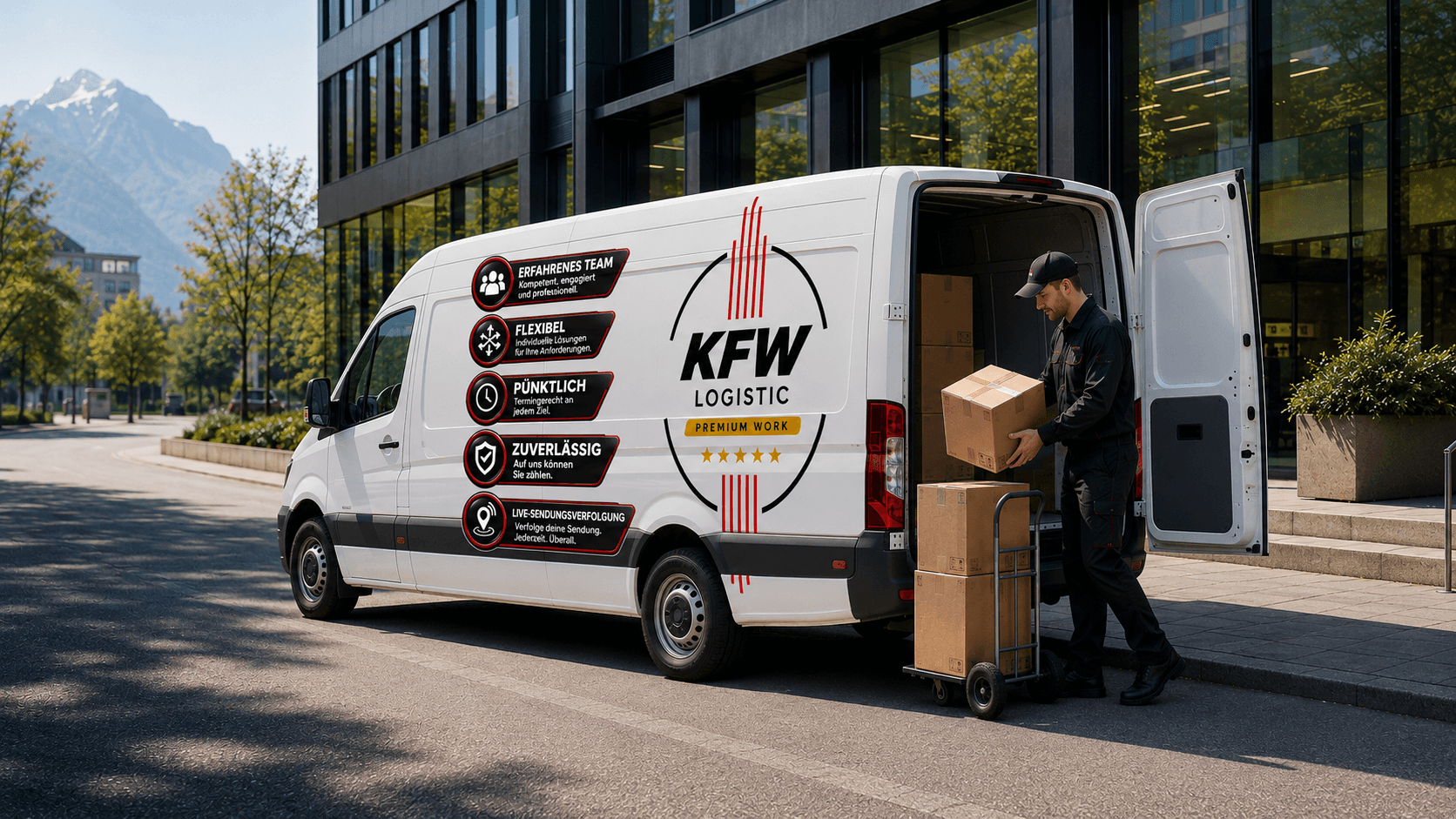 KFW Swiss branded delivery van with five service commitments